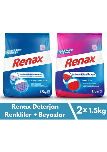 Renax Toz Çamaşır Deterjanı 1.5 kg - 2 Li Paket (Renkliler + Beyazlar)