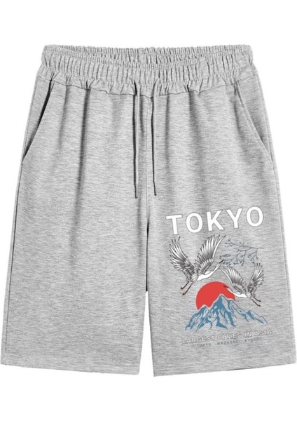 Punıx Büyük Beden Tokyo Baskılı Battal Tam Yazlık Gri Erkek Şort
