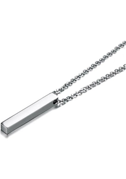 Uzun Bar Dikdörtgen Gümüş Çelik Erkek Kolye 70CM