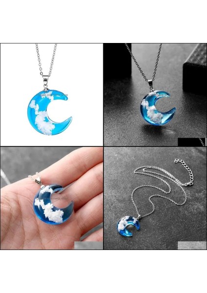Ay Mavi Gökyüzü Beyaz Bulut Şeffaf Cam Kolye