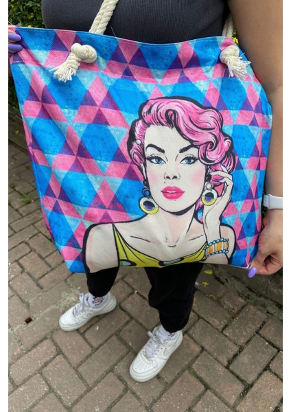 069 2500 Figür Desenli Fermuarlı Plaj Çantası Manken Desenli Tek Ebat