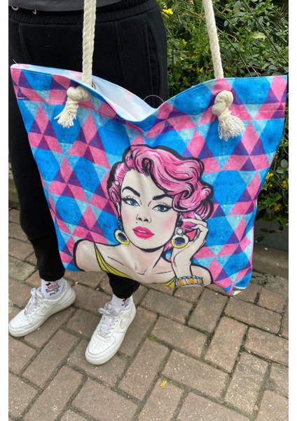 069 2500 Figür Desenli Fermuarlı Plaj Çantası Manken Desenli Tek Ebat fiyatları