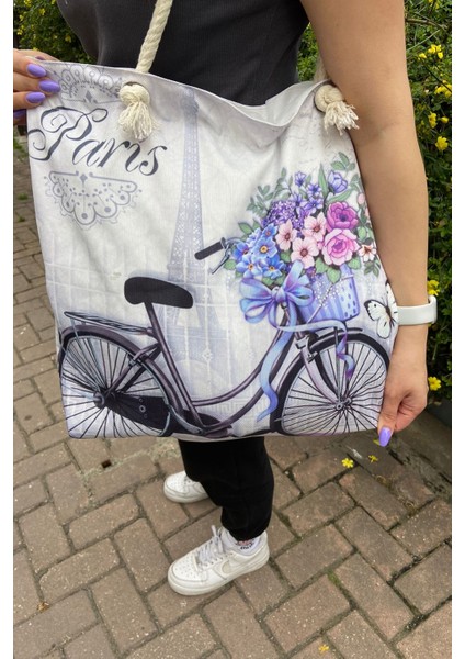 069 2500 Figür Desenli Fermuarlı Plaj Çantası Paris Desenli Tek Ebat