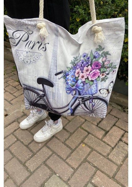 069 2500 Figür Desenli Fermuarlı Plaj Çantası Paris Desenli Tek Ebat fiyatları