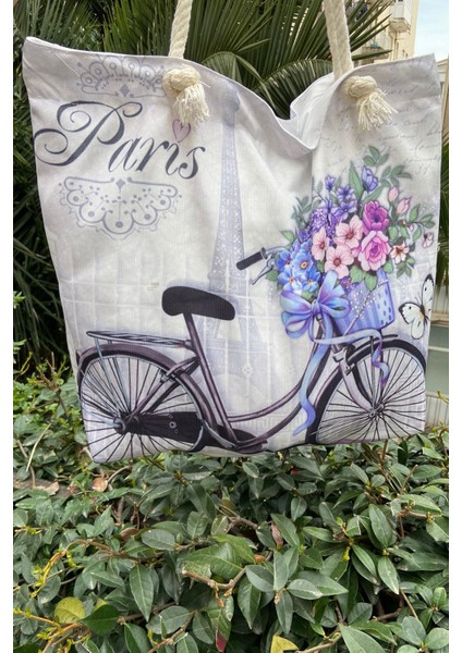 069 2500 Figür Desenli Fermuarlı Plaj Çantası Paris Desenli Tek Ebat modelleri