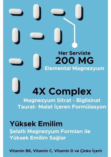 4x Magnesium Complex - Her Serviste 200 Mg Magnezyum Sitrat, Biglisinat, Taurat, Malat - Çinko, Vitamin D, B6, B12