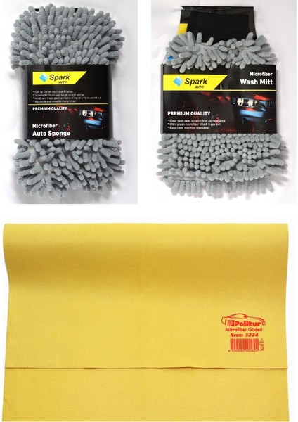 3224 Güderi Oto Kurulama Bezi & Spark 7040 Oto Süngeri & Spark 7050 Oto Eldiveni (3'lü Set) indirimleri