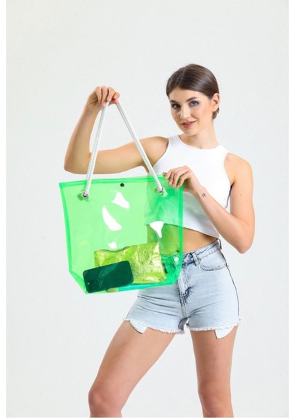 015 8000 Neon Yeşil Şeffaf Plaj Çantası Yeşil Standart