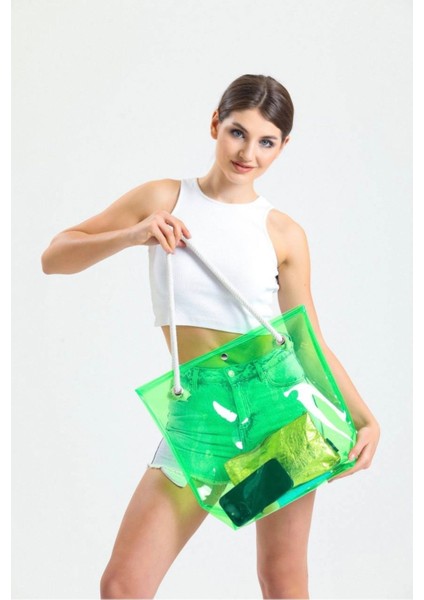 015 8000 Neon Yeşil Şeffaf Plaj Çantası Yeşil Standart fiyatları