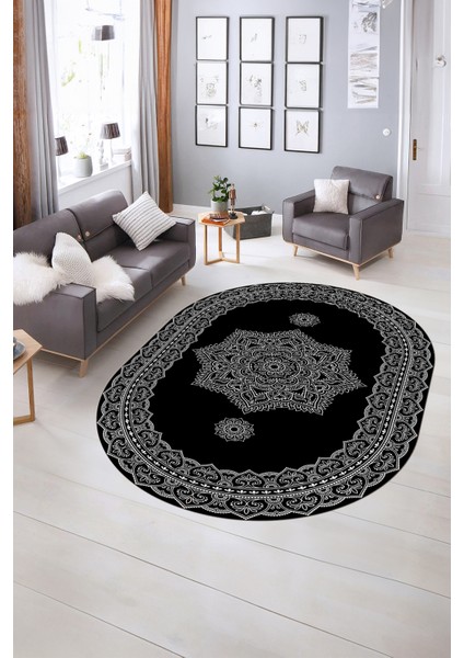 Dijital Baskılı Kaymaz Yıkanabilir Klasik Oval Yolluk Mutfak Salon Halısı, N-O-Klasik-30-Siyah, modelleri