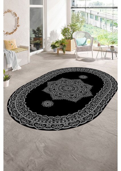Dijital Baskılı Kaymaz Yıkanabilir Klasik Oval Yolluk Mutfak Salon Halısı, N-O-Klasik-30-Siyah, fırsatları