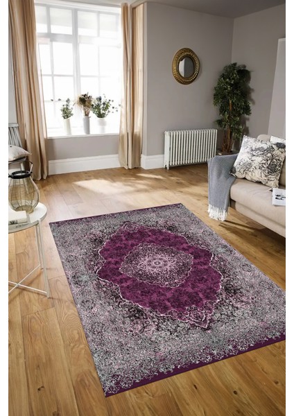Dijital Baskılı Kaymaz Taban Yıkanabilir Klasik Yolluk Mutfak Salon Halısı, N-Klasik-07-Mor,