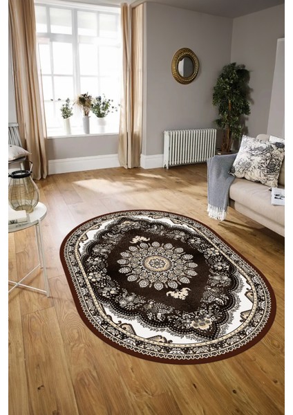 Dijital Baskılı Kaymaz Yıkanabilir Klasik Oval Yolluk Mutfak Salon Halısı, N-O-Klasik-13-Kahve,