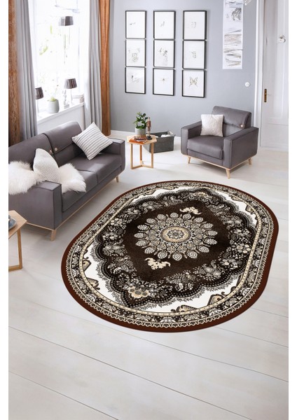 Dijital Baskılı Kaymaz Yıkanabilir Klasik Oval Yolluk Mutfak Salon Halısı, N-O-Klasik-13-Kahve, modelleri