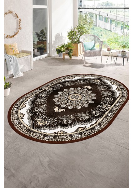 Dijital Baskılı Kaymaz Yıkanabilir Klasik Oval Yolluk Mutfak Salon Halısı, N-O-Klasik-13-Kahve, fırsatları