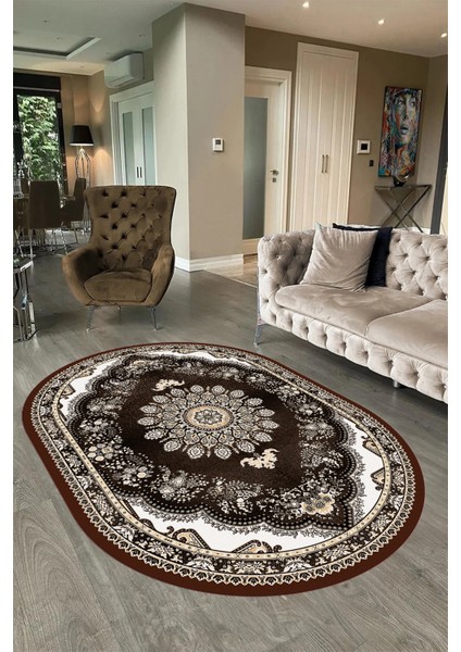 Dijital Baskılı Kaymaz Yıkanabilir Klasik Oval Yolluk Mutfak Salon Halısı, N-O-Klasik-13-Kahve, indirimleri
