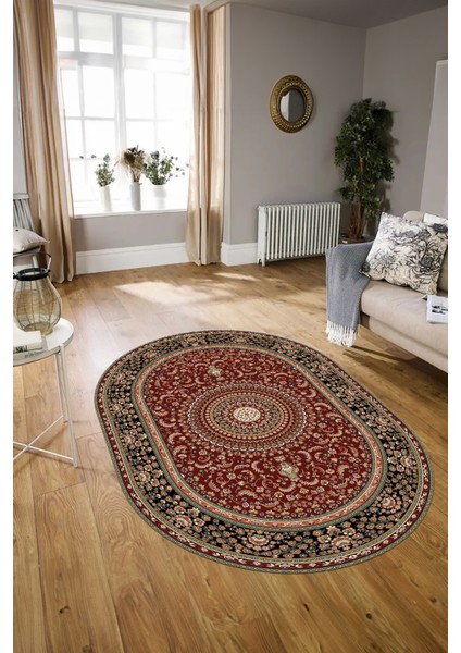 Dijital Baskılı Kaymaz Yıkanabilir Klasik Oval Yolluk Mutfak Salon Halısı, N-O-Klasik-21-Bordo,