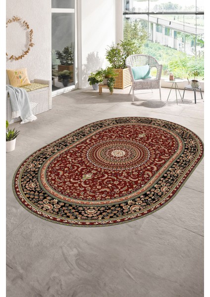 Dijital Baskılı Kaymaz Yıkanabilir Klasik Oval Yolluk Mutfak Salon Halısı, N-O-Klasik-21-Bordo, fırsatları