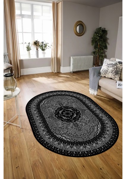 Dijital Baskılı Kaymaz Yıkanabilir Klasik Oval Yolluk Mutfak Salon Halısı, N-O-Klasik-26-Siyah,
