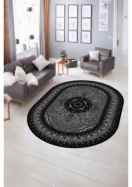 Dijital Baskılı Kaymaz Yıkanabilir Klasik Oval Yolluk Mutfak Salon Halısı, N-O-Klasik-26-Siyah, modelleri