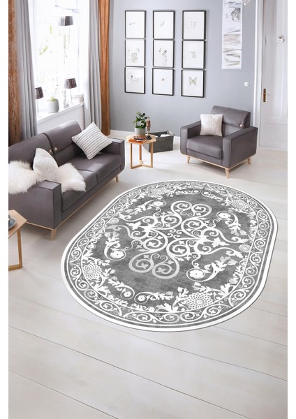 Dijital Baskılı Kaymaz Yıkanabilir Klasik Oval Yolluk Mutfak Salon Halısı, N-O-Klasik-09-Gri, modelleri