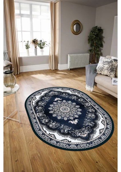 Dijital Baskılı Kaymaz Yıkanabilir Klasik Oval Yolluk Mutfak Salon Halısı, N-O-Klasik-13-Mavi,
