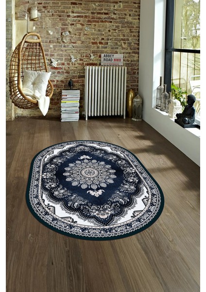 Dijital Baskılı Kaymaz Yıkanabilir Klasik Oval Yolluk Mutfak Salon Halısı, N-O-Klasik-13-Mavi,