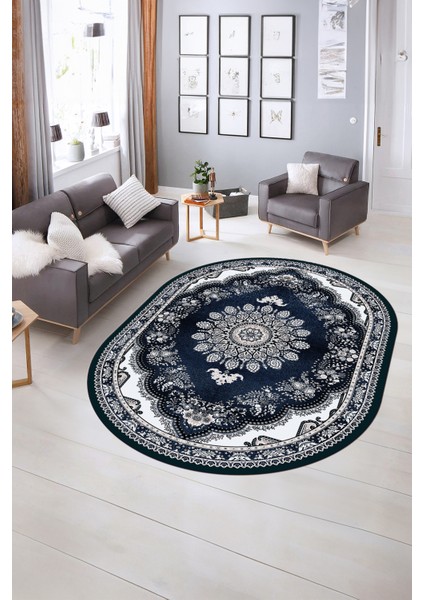 Dijital Baskılı Kaymaz Yıkanabilir Klasik Oval Yolluk Mutfak Salon Halısı, N-O-Klasik-13-Mavi,