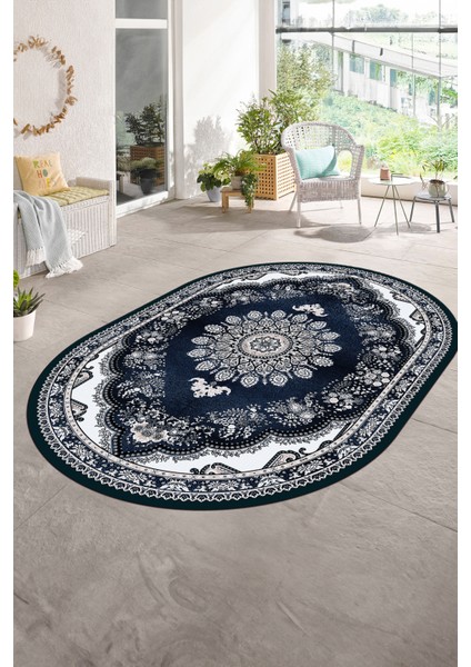 Dijital Baskılı Kaymaz Yıkanabilir Klasik Oval Yolluk Mutfak Salon Halısı, N-O-Klasik-13-Mavi,
