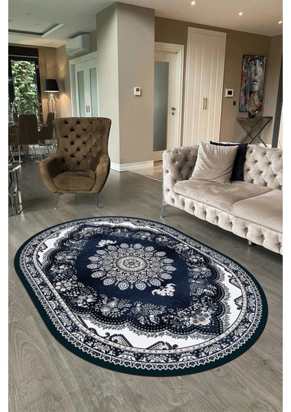 Dijital Baskılı Kaymaz Yıkanabilir Klasik Oval Yolluk Mutfak Salon Halısı, N-O-Klasik-13-Mavi,