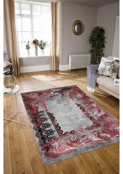 Dijital Baskılı Kaymaz Taban Yıkanabilir Klasik Yolluk Mutfak Salon Halısı, N-Klasik-08-Bordo,