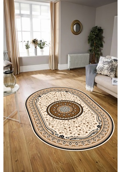 Dijital Baskılı Kaymaz Yıkanabilir Klasik Oval Yolluk Mutfak Salon Halısı, N-O-Klasik-18-Kahve,