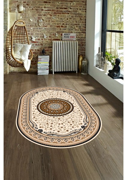 Dijital Baskılı Kaymaz Yıkanabilir Klasik Oval Yolluk Mutfak Salon Halısı, N-O-Klasik-18-Kahve, fiyatları