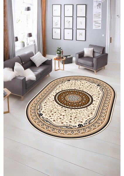 Dijital Baskılı Kaymaz Yıkanabilir Klasik Oval Yolluk Mutfak Salon Halısı, N-O-Klasik-18-Kahve, modelleri