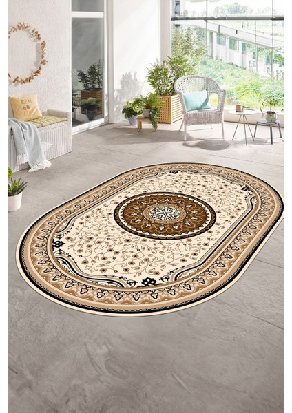 Dijital Baskılı Kaymaz Yıkanabilir Klasik Oval Yolluk Mutfak Salon Halısı, N-O-Klasik-18-Kahve, fırsatları