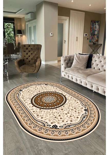 Dijital Baskılı Kaymaz Yıkanabilir Klasik Oval Yolluk Mutfak Salon Halısı, N-O-Klasik-18-Kahve, indirimleri