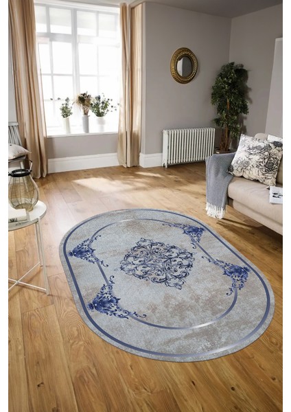 Dijital Baskılı Kaymaz Yıkanabilir Klasik Oval Yolluk Mutfak Salon Halısı, N-O-Klasik-05-Mavi,