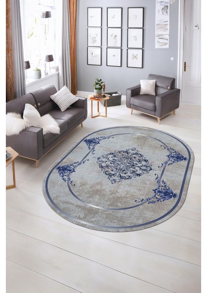 Dijital Baskılı Kaymaz Yıkanabilir Klasik Oval Yolluk Mutfak Salon Halısı, N-O-Klasik-05-Mavi, modelleri