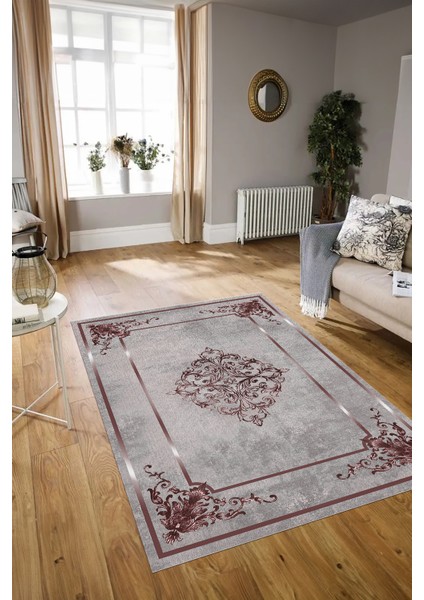 Dijital Baskılı Kaymaz Taban Yıkanabilir Klasik Yolluk Mutfak Salon Halısı, N-Klasik-05-Bordo,