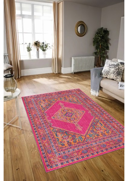 Dijital Baskılı Kaymaz Taban Yıkanabilir Klasik Yolluk Mutfak Salon Halısı, N-Klasik-06-Pembe,