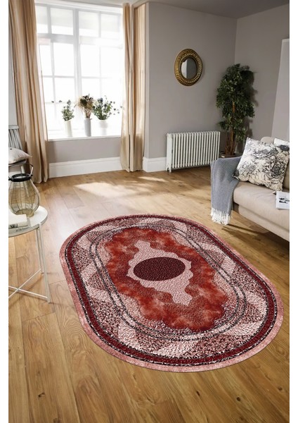 Dijital Baskılı Kaymaz Yıkanabilir Klasik Oval Yolluk Mutfak Salon Halısı, N-O-Klasik-24-Bordo,