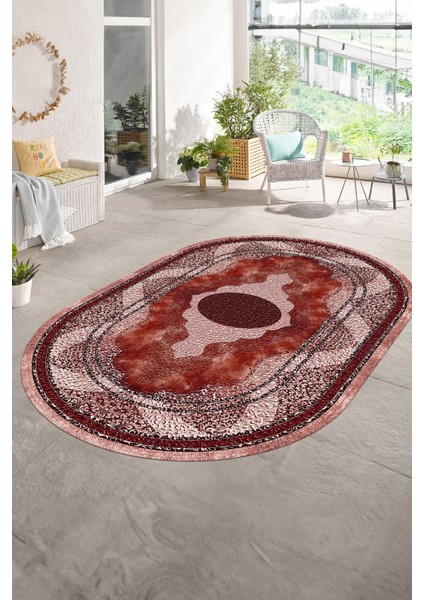 Dijital Baskılı Kaymaz Yıkanabilir Klasik Oval Yolluk Mutfak Salon Halısı, N-O-Klasik-24-Bordo,