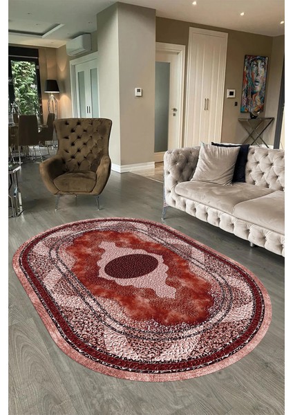 Dijital Baskılı Kaymaz Yıkanabilir Klasik Oval Yolluk Mutfak Salon Halısı, N-O-Klasik-24-Bordo,