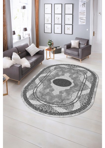 Dijital Baskılı Kaymaz Yıkanabilir Klasik Oval Yolluk Mutfak Salon Halısı, N-O-Klasik-24-Gri, modelleri
