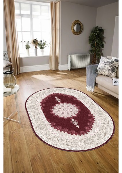 Dijital Baskılı Kaymaz Yıkanabilir Klasik Oval Yolluk Mutfak Salon Halısı, N-O-Klasik-03-Bordo,