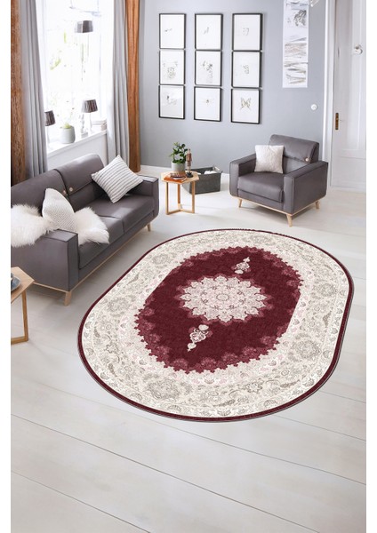 Dijital Baskılı Kaymaz Yıkanabilir Klasik Oval Yolluk Mutfak Salon Halısı, N-O-Klasik-03-Bordo, modelleri