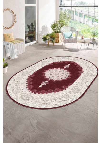 Dijital Baskılı Kaymaz Yıkanabilir Klasik Oval Yolluk Mutfak Salon Halısı, N-O-Klasik-03-Bordo, fırsatları