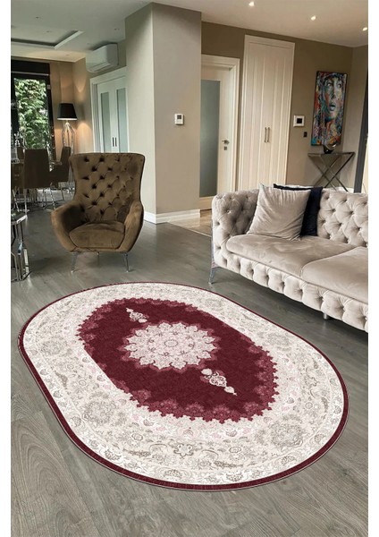 Dijital Baskılı Kaymaz Yıkanabilir Klasik Oval Yolluk Mutfak Salon Halısı, N-O-Klasik-03-Bordo, indirimleri