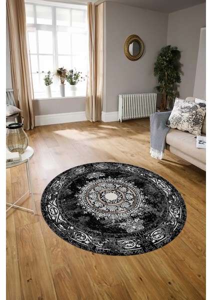 Dijital Baskılı Kaymaz Yıkanabilir Klasik Yuvarlak Mutfak Salon Halısı, N-Y-Klasik-25-Siyah,