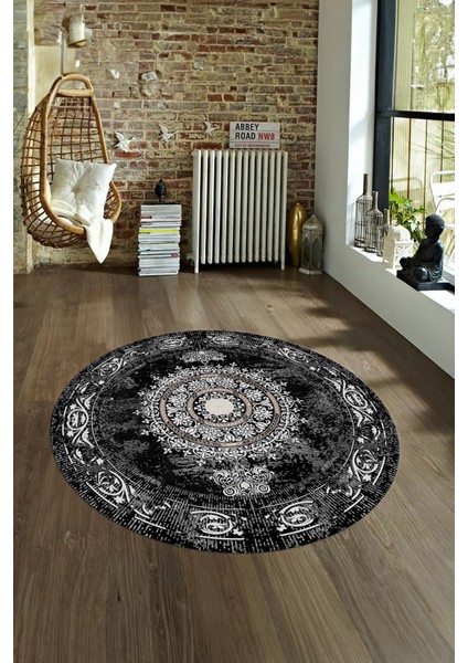 Dijital Baskılı Kaymaz Yıkanabilir Klasik Yuvarlak Mutfak Salon Halısı, N-Y-Klasik-25-Siyah, fiyatları